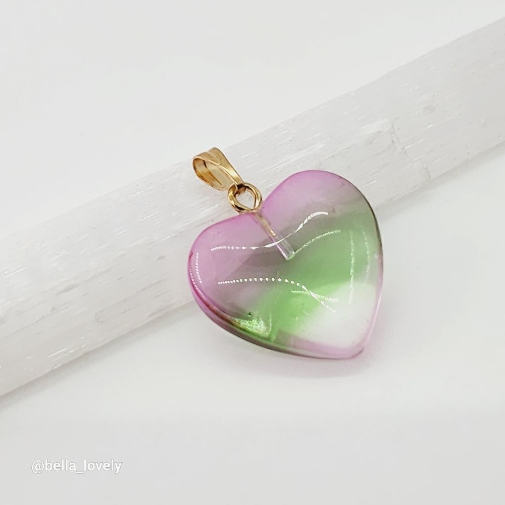 Beautiful Ombre Heart Rock Crystal Pendant Gold Toned Bail Pink Green